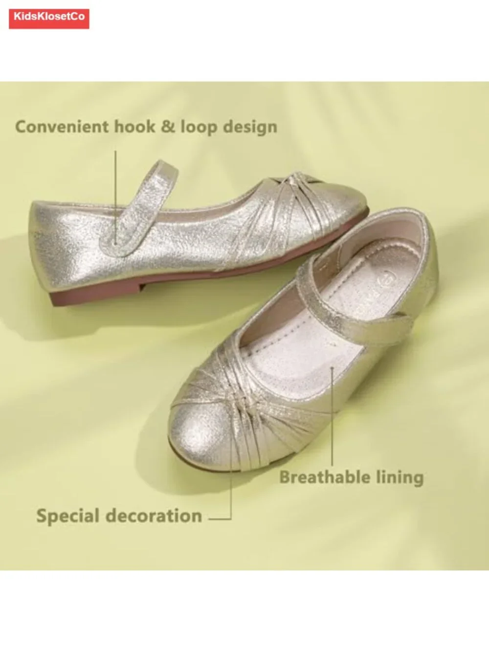Flower Girl Mary Jane Ballet Flats, Round Toe Hook & Loop, Non-Slip Rubber Sole